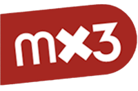 a red and white logo with the word mx3 on it